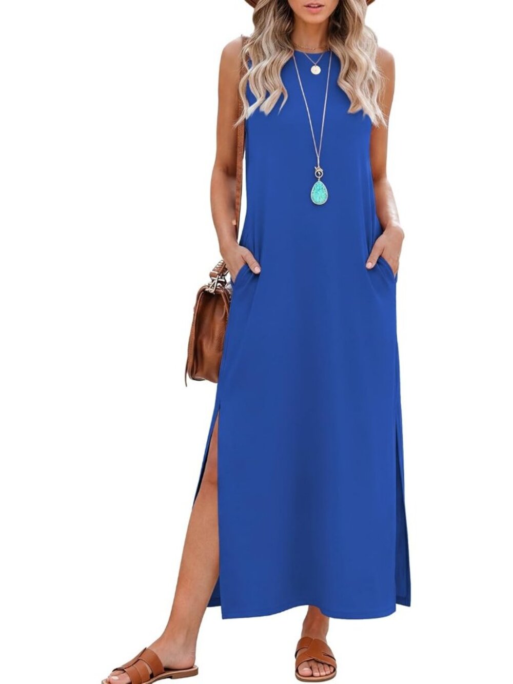 Women's Royal Summer Maxi Long Dress Sleeveless Side Slit Casual With Pockets